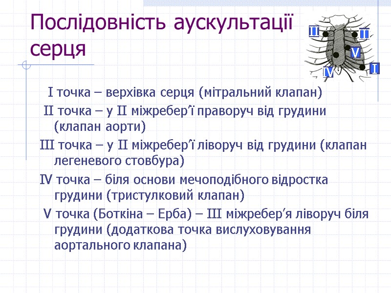 Послідовність аускультації серця   І точка – верхівка серця (мітральний клапан)  ІІ